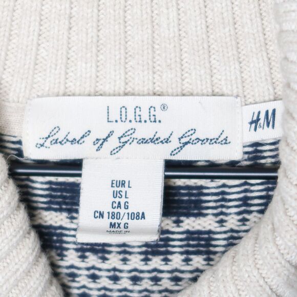 H&M Mens Shawl Collar Sweater Large Cream Teal Striped‎ Holiday Cabincore Preppy - Picture 3 of 8